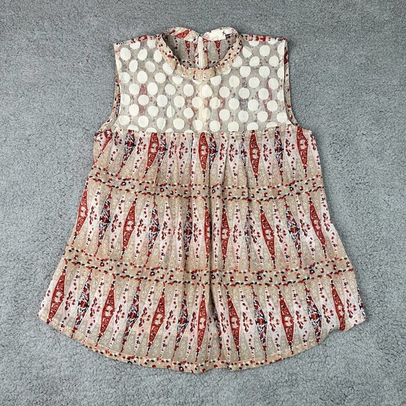 Tulle Tops - Tulle Blouse Womens Size‎ Small Multicolored Red & Cream Sleeveless Semi Sheer